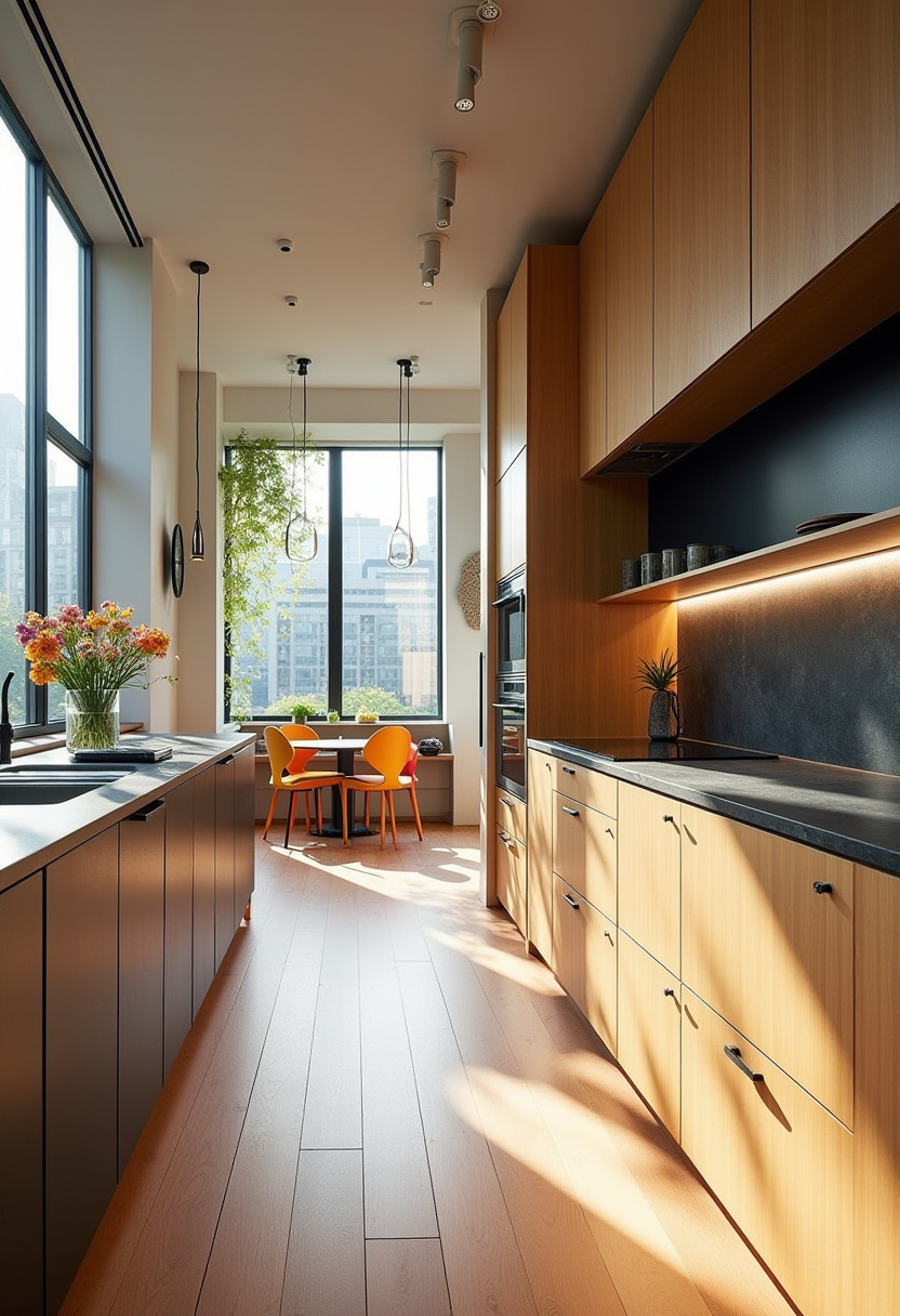 Infuse your space with energy and warmth using this modern kitchen layout featuring wooden cabinets, sleek surfaces, and bright orange dining chairs. Sunlight and florals make it both vibrant and inviting. Pin it for a bold yet elegant kitchen idea!
#ModernKitchen #ColorfulDining #WoodCabinets #BrightKitchen #KitchenGoals