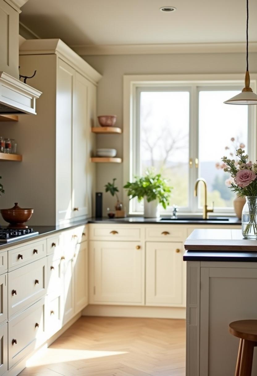 Fresh, bright, and welcoming — this cream kitchen with wooden shelves and a floral touch creates a calming retreat. Perfect for natural decor lovers who crave cozy, light-filled spaces. Save this soft and serene kitchen look!
#BrightKitchen #CreamCabinets #NaturalHome #WoodShelves #CozyDecor