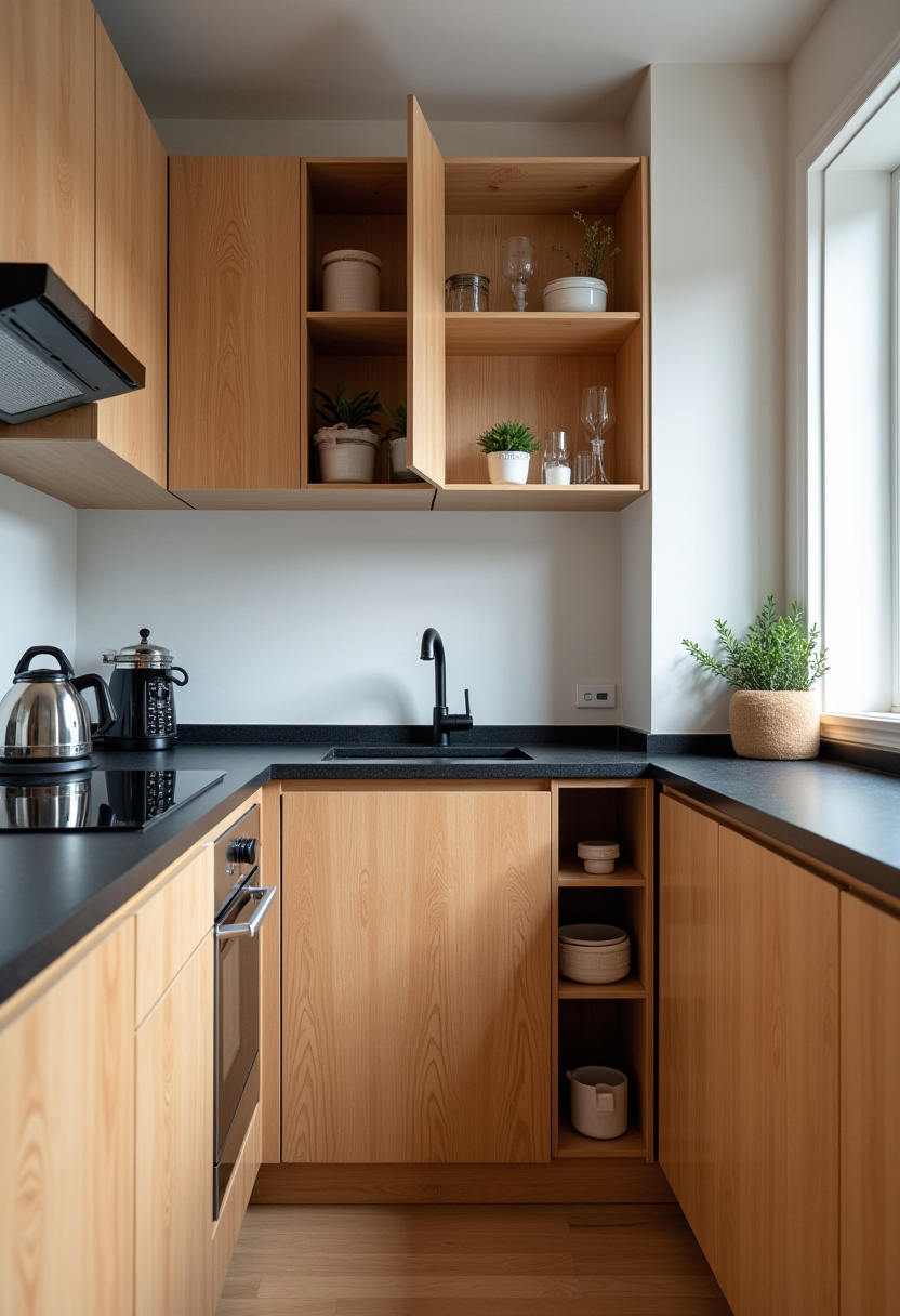 This modern kitchen pairs light wood cabinets with black countertops and airy open shelves. Sunlight warms the room, making it perfect for lovers of minimal yet cozy spaces. Save this modern kitchen look for your board!
#ModernKitchen #LightWoodCabinets #OpenShelving #MinimalDesign #KitchenGoals