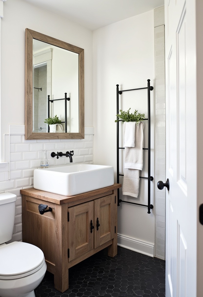 Discover a bright minimalist bathroom with a wooden vanity, round vessel sink, and sleek black faucet. Hanging plants and a small stool bring natural touches to this serene space. Pin this calming bathroom inspiration!
#MinimalistBathroom #VesselSink #BathroomPlants #BrightBathroom #SereneSpace