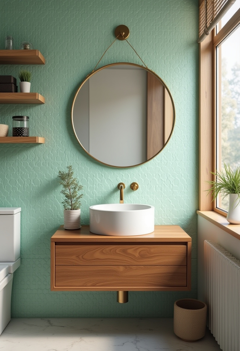 Create elegance with a green bathroom vanity, gold fixtures, and a large mirror highlighted by soft wall sconce lighting. Patterned floor tiles complete this luxurious look. Pin this elegant bathroom design for home inspiration!
#ElegantBathroom #GoldFixtures #GreenVanity #PatternedTiles #BathroomLighting
