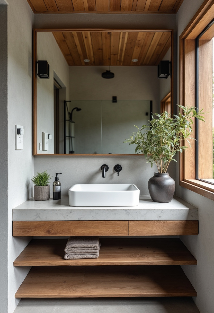 Enjoy a bright, airy minimalist bathroom with a wooden vanity, round basin, wall-mounted faucet, and a rectangular mirror. Potted plants add a fresh, natural touch to this serene space. Save this clean bathroom design!
#MinimalistBathroom #WoodVanity #WallMountedFaucet #BathroomPlants #BrightSpace