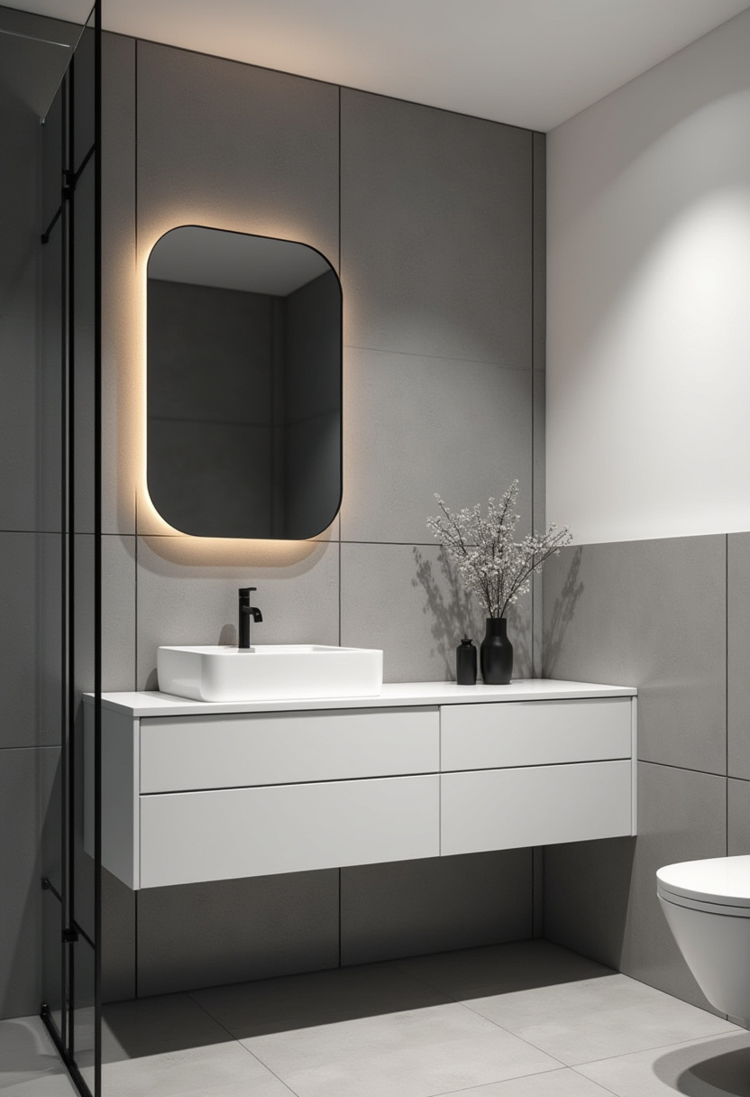 Create a sleek modern bathroom with a floating white vanity, vessel sink, and backlit mirror. Minimalist decor featuring black vases with branches keeps the space calm and stylish. Pin this chic bathroom design!
#ModernBathroom #FloatingVanity #BacklitMirror #MinimalistDecor #BathroomStyle