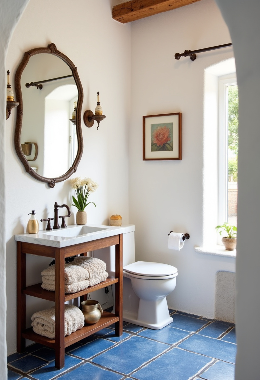 Warm your rustic bathroom with a wooden vanity, white sink, and ornate mirror. Blue tiles, soft lighting, fresh flowers, and floral art add charming touches. Save this inviting rustic bathroom look!
#RusticBathroom #OrnateMirror #BlueTiles #FreshFlowers #CozyDecor