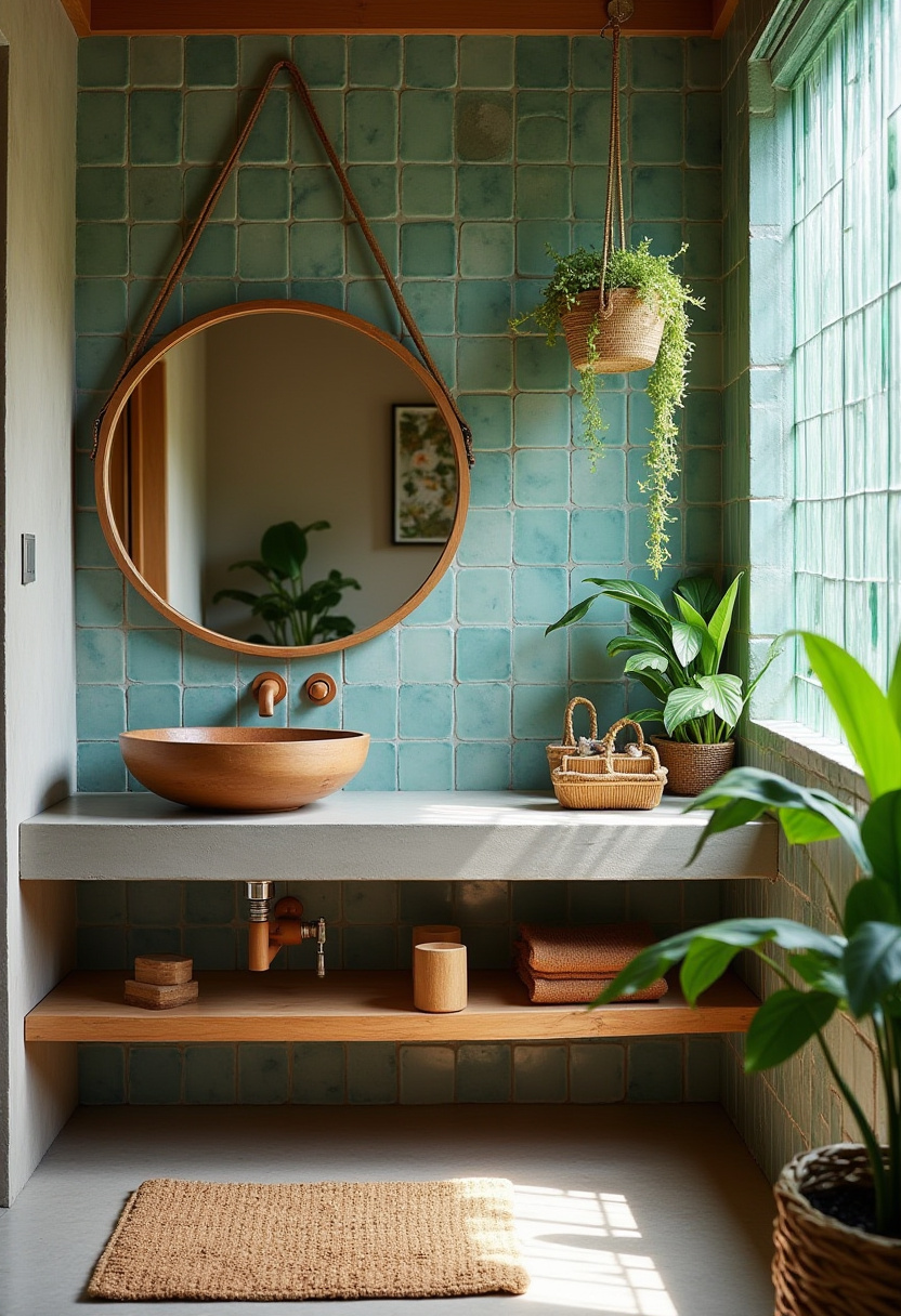 Design a serene bathroom with a wooden basin, round mirror, and lush plants against a teal tile wall. This fresh, natural ambiance is perfect for a calming retreat. Pin this bathroom inspiration today!
#SereneBathroom #TealTiles #BathroomPlants #NaturalDecor #WoodVanity