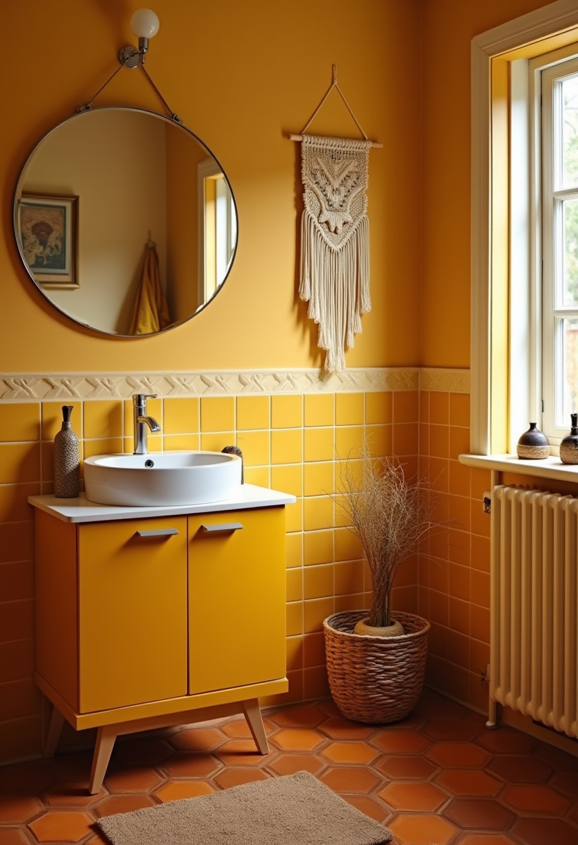 Brighten your bathroom with sunny yellow walls, a round mirror, and a modern sink on a mustard vanity. Macramé hanging, hexagonal tiles, and rustic accents create a warm, inviting space. Save this cheerful bathroom idea!
#YellowBathroom #MustardVanity #MacrameDecor #HexagonalTiles #RusticBathroom
