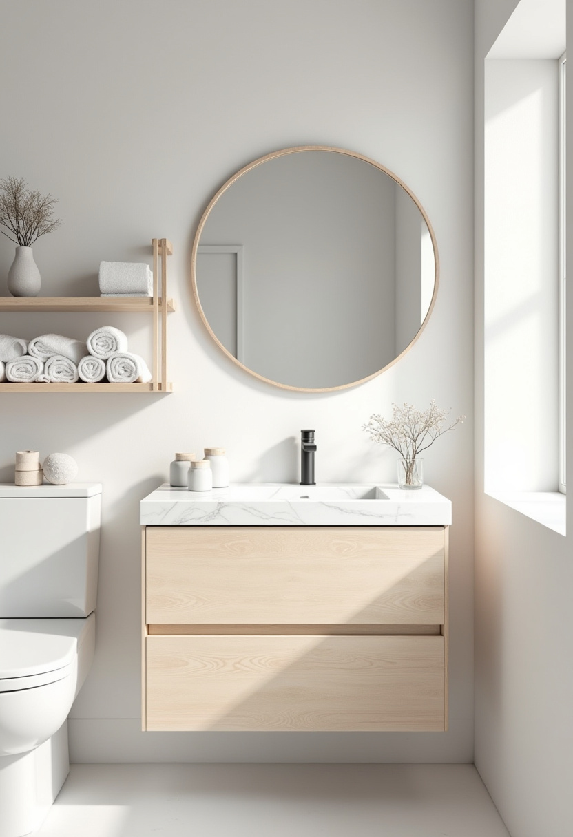 Create a modern, serene vibe with a minimalist bathroom featuring gray walls and floor tiles, a wooden vanity, black sink, and wall-mounted toilet. A small green plant adds a refreshing natural touch. Save this sleek bathroom style today!
#MinimalistBathroom #ModernBathroom #GrayWalls #NaturalDecor #SereneSpace