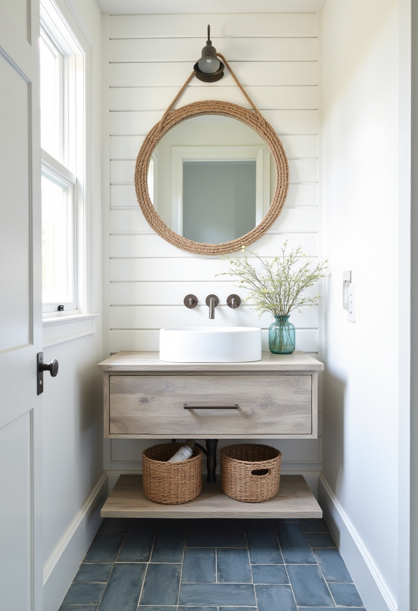 Embrace industrial charm in a cozy bathroom with a concrete sink on a metal stand, exposed brick walls, an oval mirror, and hanging bulb lighting. Dark shelves hold neatly folded towels for a stylish look. Save this rustic industrial bathroom idea!
#IndustrialBathroom #RusticDecor #ConcreteSink #CozyBathroom #BathroomInspo