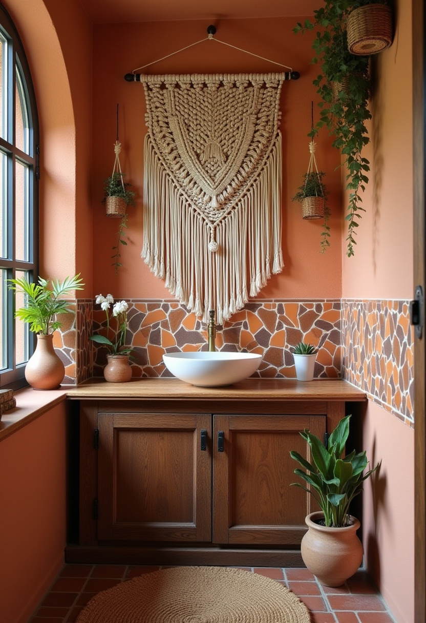 Brighten your bathroom with a round rope-framed mirror above a wooden vanity, blue tiled floors, and woven baskets. A fresh vase of flowers adds warmth and charm. Pin this bright, fresh bathroom design for your home!
#BathroomDecor #RopeMirror #BlueTiles #FreshFlowers #CozyBathroom