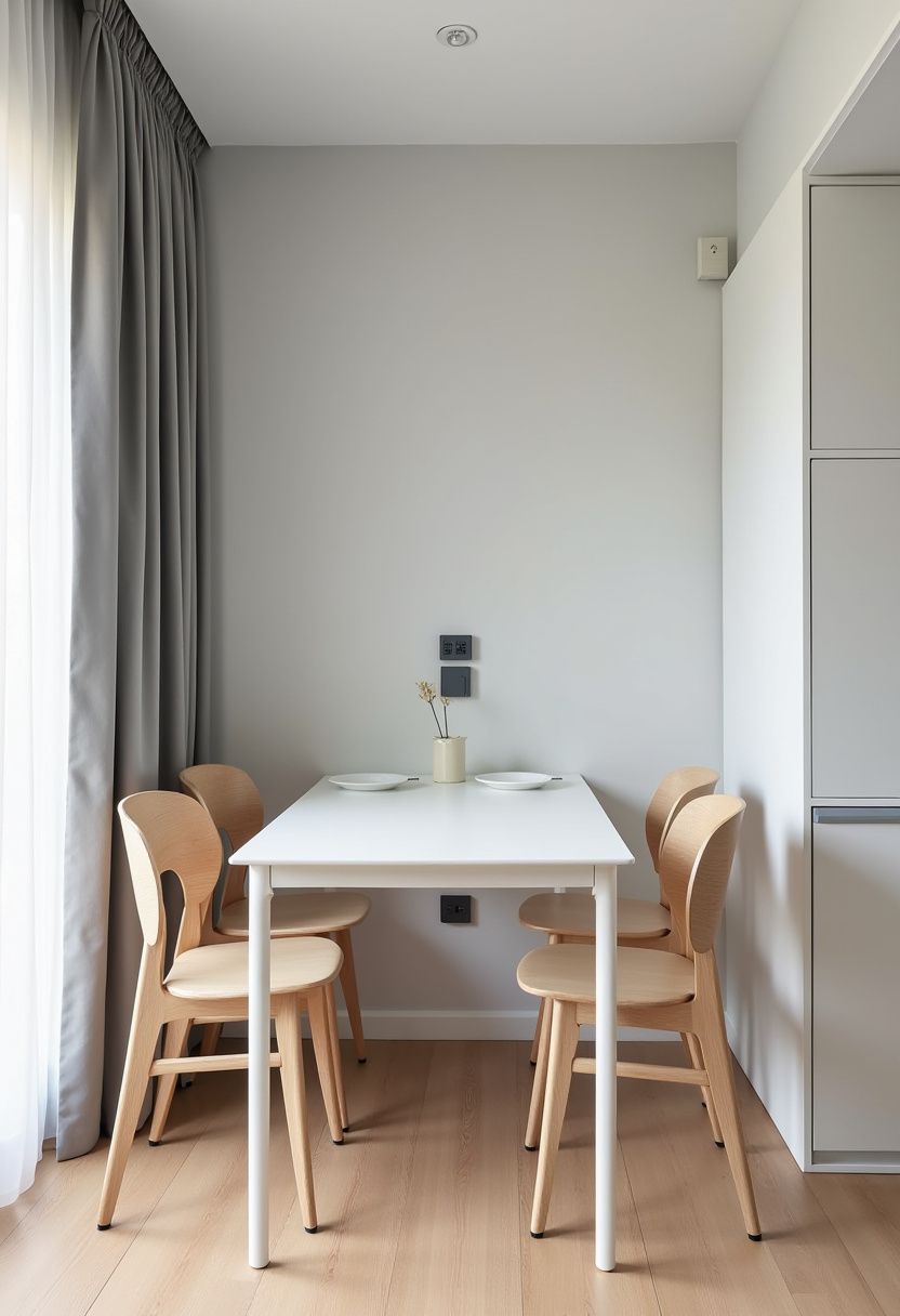 Enjoy the beauty of simplicity in this minimalist dining area featuring a crisp white table paired with four light wood chairs. A small vase with dried flowers adds a delicate, natural touch, while soft gray curtains frame the space, creating a calm and modern ambiance—perfect for fans of Scandinavian design, clean lines, and serene interiors. ✨ Looking to refresh your dining space? Save this pin for your next home update!
#MinimalistDining #ScandinavianDesign #ModernInteriors #CleanLines #CalmSpaces #DriedFlowers #HomeDecorInspo #DiningRoomIdeas
