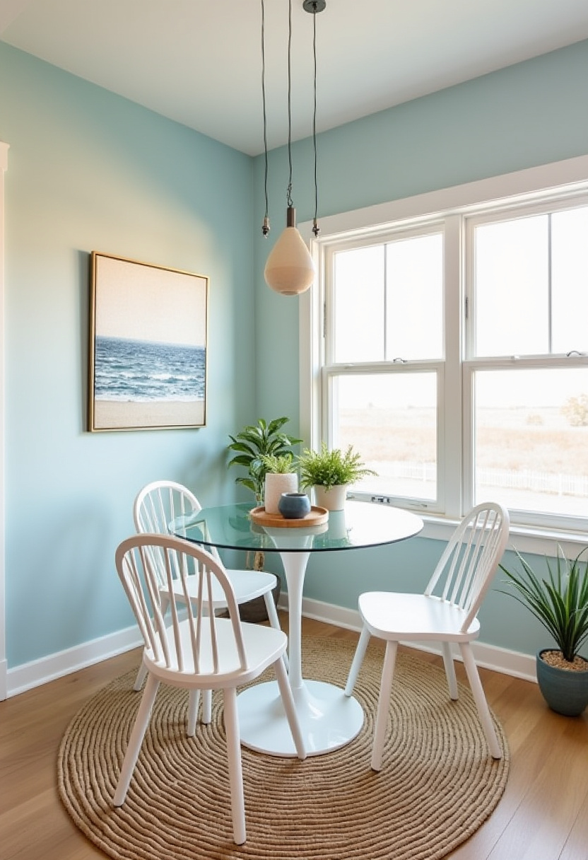 Transform your dining nook into a peaceful retreat with soft light blue walls, a sleek round glass table, and crisp white chairs resting on a natural jute rug. Sea-inspired artwork and lush plants add calming coastal vibes—perfect for fans of coastal decor, serene interiors, and cozy dining spaces. ✨ Ready to bring this tranquil style home? Save this pin for your next room refresh!
#CozyDiningNook #CoastalDecor #SereneSpaces #LightBlueWalls #GlassTable #JuteRug #HomeDecorInspo #DiningRoomIdeas
