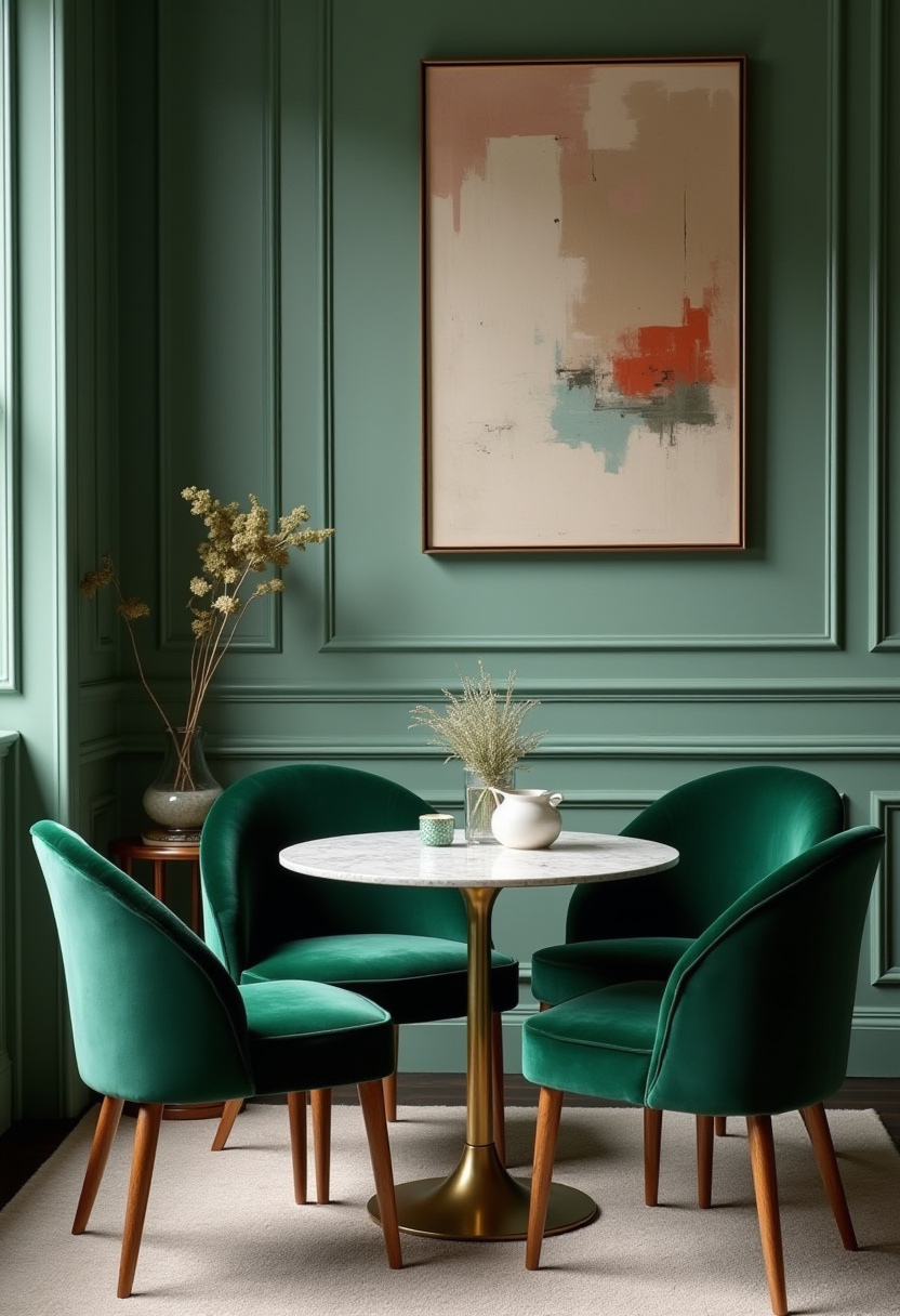 Create a cozy yet elegant dining room with a round marble table surrounded by plush green velvet chairs. Dried plants in vases and abstract art on rich green paneled walls add depth and sophistication—perfect for lovers of modern elegance, botanical decor, and calming interiors. ✨ Ready to elevate your dining space? Save this pin for your next home inspiration!
#CozyDiningRoom #GreenVelvetChairs #MarbleTable #AbstractArt #BotanicalDecor #ElegantInteriors #CalmAmbiance #HomeDecorIdeas
