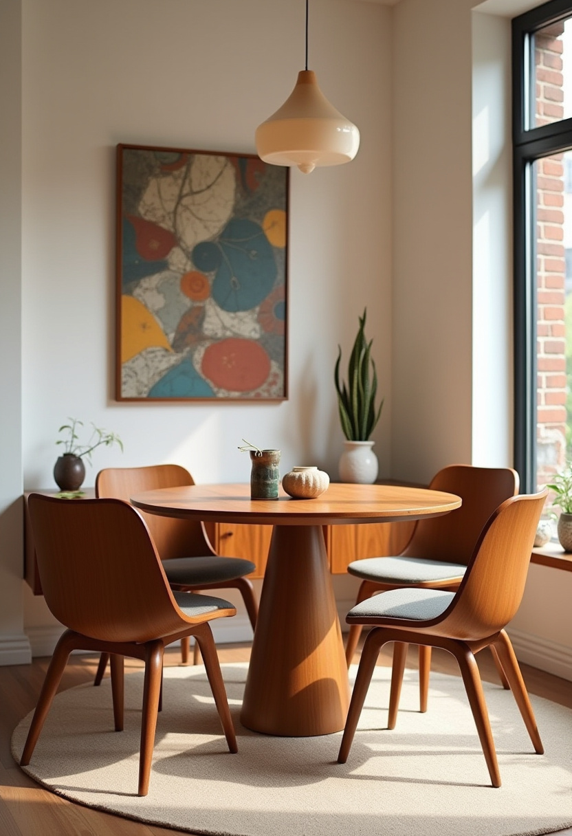 Create a cozy dining area centered around a warm round wooden table and four comfortable chairs. Abstract wall art, sunlit windows, and a stylish pendant light enhance the inviting atmosphere, while potted plants add a touch of natural freshness—perfect for fans of modern rustic decor, warm interiors, and bright, airy spaces. ✨ Ready to cozy up your dining room? Save this pin for your next home inspiration!
#CozyDiningArea #ModernRustic #WarmInteriors #AbstractArt #PendantLighting #PottedPlants #BrightSpaces #HomeDecorIdeas
