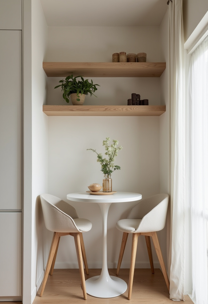 Create a serene minimalist dining nook with a small white round table and two comfy beige chairs. A vase of fresh flowers adds a gentle touch, while wooden shelves above showcase potted plants, bringing nature indoors—perfect for fans of cozy, simple spaces and modern minimalism. ✨ Ready to design your peaceful corner? Save this pin for your next home refresh!
#MinimalistDiningNook #CozySpaces #NaturalDecor #WoodenShelves #PottedPlants #SereneInteriors #SimpleLiving #HomeDecorIdeas

