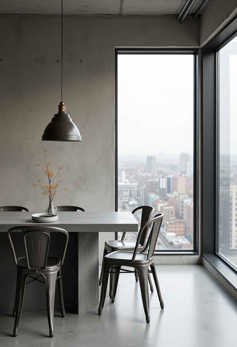 Enjoy sleek urban living in this minimalist dining area featuring a modern gray table paired with metal chairs. Large windows frame stunning cityscape views, while a simple vase with twigs brings a natural touch to the space—perfect for fans of industrial design, modern minimalism, and city-inspired interiors. ✨ Ready to elevate your dining space with style? Save this pin for your next home update!
#MinimalistDining #IndustrialDesign #CityscapeView #ModernInteriors #UrbanLiving #NaturalTouches #DiningRoomInspo #HomeDecorIdeas
