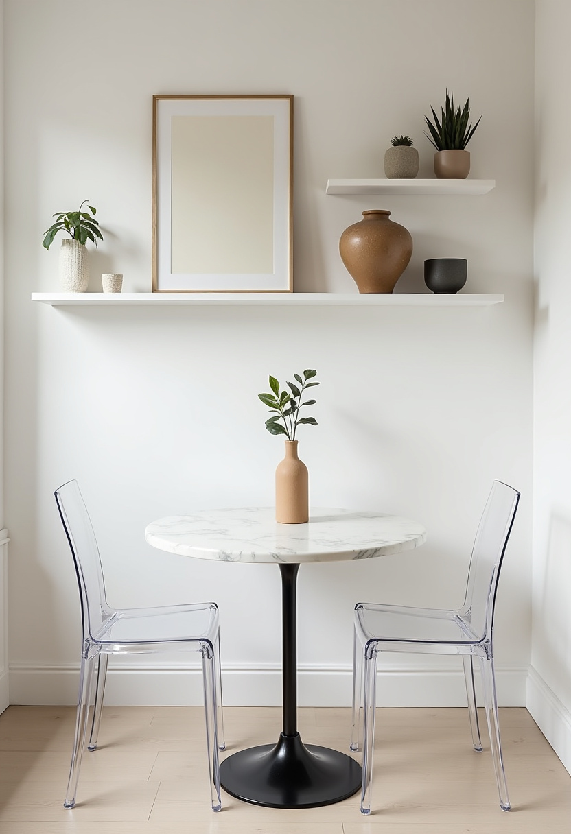 Elevate your space with this minimalist dining area featuring a sleek round marble table paired with clear chairs that keep the look light and airy. A brown vase with a lush plant adds a natural touch, while shelves filled with plants and pottery on crisp white walls create a fresh, serene vibe—perfect for lovers of modern minimalism, natural decor, and clean interiors. ✨ Ready to refresh your dining space? Save this pin for your next home inspiration!
#MinimalistDining #MarbleTable #ClearChairs #NaturalDecor #PlantLovers #CleanInteriors #ModernMinimalism #HomeDecorIdeas
