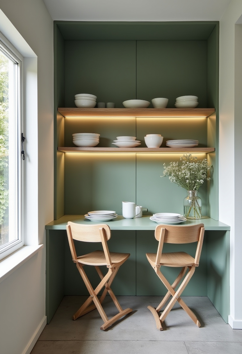 Brighten your mornings in this cozy breakfast nook featuring vibrant green shelves and warm wooden shelves showcasing crisp white dishes. Two wooden chairs and a fresh vase of flowers by the sunny window create the perfect spot for relaxed, inviting meals—ideal for fans of farmhouse style, rustic charm, and cheerful kitchen decor. ✨ Ready to refresh your breakfast space? Save this pin for your next home update!
#BreakfastNook #FarmhouseStyle #RusticCharm #CozyKitchen #SunnySpaces #GreenShelves #HomeDecorInspo #KitchenDesign
