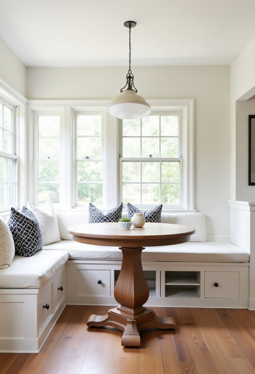 Create an elegant breakfast nook featuring a round wooden table surrounded by white built-in benches adorned with patterned pillows. A stylish pendant lamp casts a warm glow, enhancing the bright and cozy ambiance—perfect for fans of classic design, farmhouse charm, and inviting morning spaces. ✨ Ready to start your day in style? Save this pin for your next home inspiration!
#BreakfastNook #FarmhouseCharm #CozySpaces #PendantLighting #ElegantInteriors #MorningVibes #HomeDecorIdeas #DiningNook
