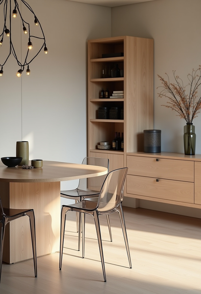 Experience minimalist elegance with wood furniture paired with sleek transparent chairs, all bathed in warm, inviting lighting. A modern chandelier adds a stylish focal point, perfect for lovers of contemporary design, cozy dining spaces, and clean, airy interiors. ✨ Looking to elevate your dining room? Save this pin for your next home makeover!
#MinimalistDiningRoom #ModernChandelier #CozyInteriors #ContemporaryDesign #WoodFurniture #TransparentChairs #DiningRoomInspo #HomeDecorIdeas

