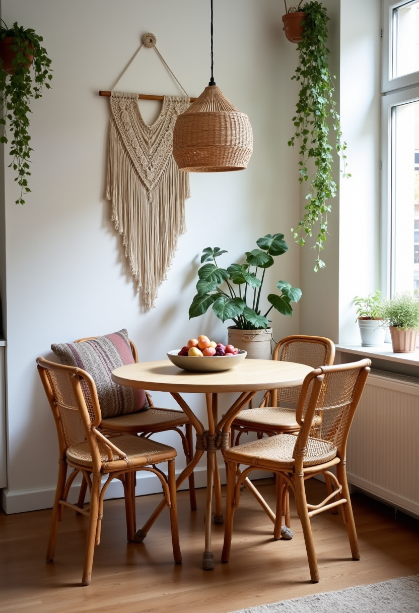 Create a cozy dining nook featuring a round wooden table paired with natural wicker chairs and a fresh bowl of fruit. Hanging plants and macramé wall art add a beautiful bohemian vibe, perfect for lovers of boho decor, cozy spaces, and natural textures. ✨ Ready to add warmth and style to your home? Save this pin for your next room refresh!
#CozyDiningNook #BohoDecor #MacraméWallArt #WickerChairs #NaturalTextures #BohemianStyle #HomeDecorInspo #DiningRoomIdeas
