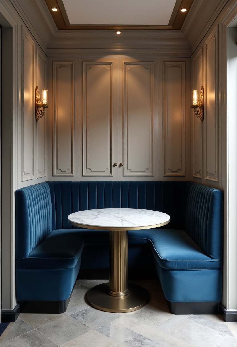 Elevate your space with this elegant corner booth featuring a round marble table with a brass base and plush blue seating. Beige paneled walls and warm sconces add a cozy, upscale ambiance—perfect for fans of luxury interiors, modern elegance, and sophisticated dining nooks. ✨ Ready to transform your corner into a stylish retreat? Save this pin for your next home inspiration!
#ElegantDiningNook #MarbleTable #LuxuryInteriors #PlushSeating #CozyAmbiance #ModernElegance #HomeDecorIdeas #DiningRoomInspo
