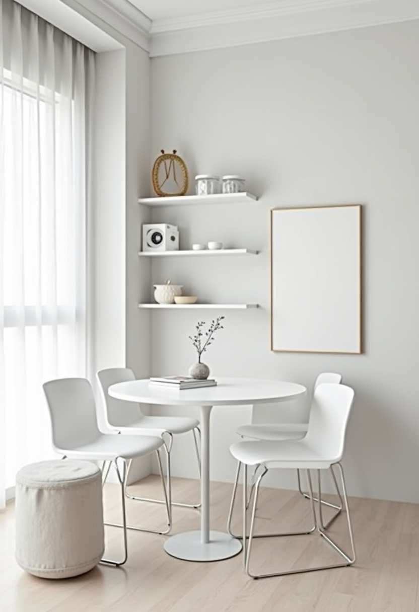 Embrace simplicity in this minimalist dining area with a sleek round white table and three matching chairs set on light wooden floors. Wall shelves filled with tasteful decor add personality near the bright window, creating a clean and airy space—perfect for fans of Scandinavian design, modern minimalism, and cozy small spaces. ✨ Ready to simplify your dining area? Save this pin for your next home refresh!
#MinimalistDining #ScandinavianDesign #CleanInteriors #CozySpaces #LightWoodFloors #ModernMinimalism #DiningRoomIdeas #HomeDecorInspo
