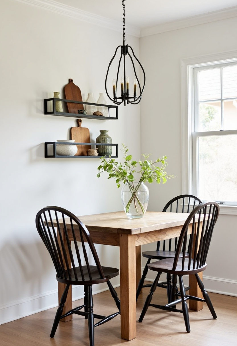 Create a cozy dining area featuring a warm wooden table paired with dark spindle chairs and a simple glass vase filled with green branches. Rustic decor on the shelves and a sleek black metal chandelier add character, while soft natural light streaming through the window enhances the serene, inviting vibe—perfect for fans of rustic farmhouse style, modern rustic, and cozy interiors. ✨ Ready to design your dream dining nook? Save this pin for your next home inspiration!
#CozyDining #RusticDecor #FarmhouseStyle #BlackChandelier #NaturalLight #InvitingInteriors #DiningRoomIdeas #HomeDecorInspo
