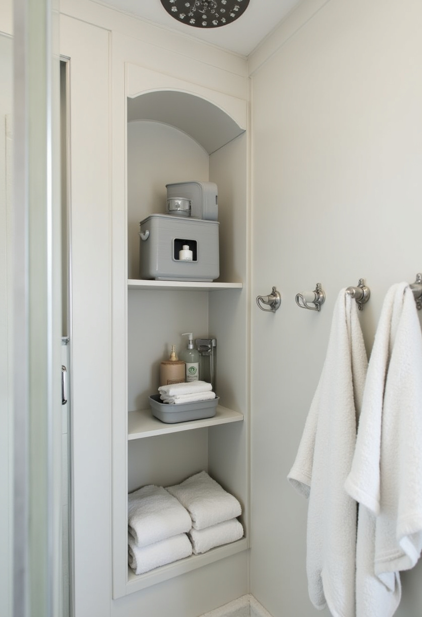 A niche shelf stocked with gray boxes and toiletries, alongside neatly stacked white towels, keeps your bathroom clean and organized with minimalist flair. Save this clutter-free bathroom inspiration!
#BathroomOrganization #MinimalistBathroom #CleanDesign #TowelStorage #BathroomNiche