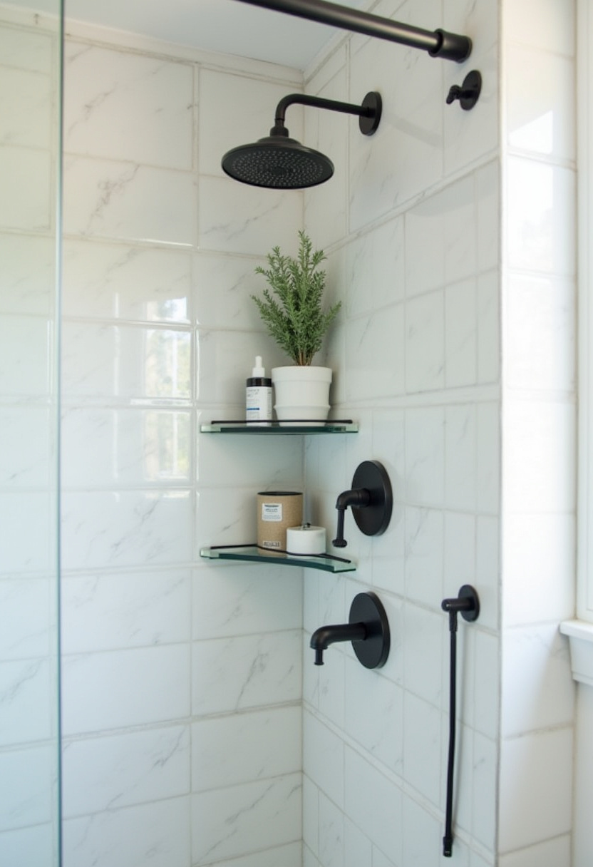 Modern showers shine with black fixtures, white marble tiles, glass shelves, and a potted plant to add freshness. This minimalist vibe is perfect for a clean and calming space. Pin for sleek bathroom ideas!
#ModernShower #MinimalistBathroom #MarbleTiles #BathroomPlants #CleanBathroom