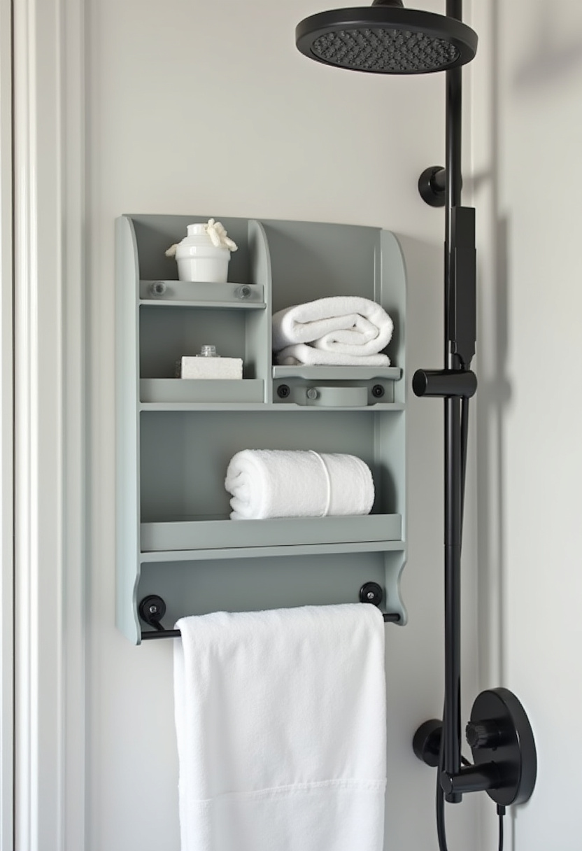 A gray shelf stacked with white towels and toiletries next to a sleek black shower fixture creates a fresh, minimalist bathroom that’s both practical and stylish. Save this clean bathroom setup!
#MinimalistBathroom #BathroomStorage #WhiteTowels #BlackFixtures #CleanDesign