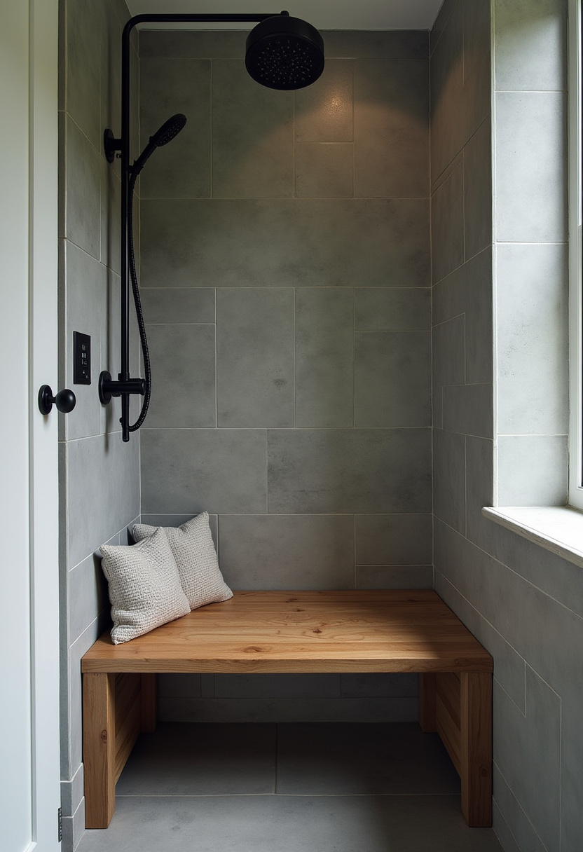 Enjoy a calming minimalist shower with gray tile walls, a black rain shower head, and a wooden bench accented by textured pillows. This spa-like space is perfect for relaxation. Pin this tranquil bathroom design!
#MinimalistShower #GrayTiles #RainShowerHead #SpaBathroom #CalmAmbiance