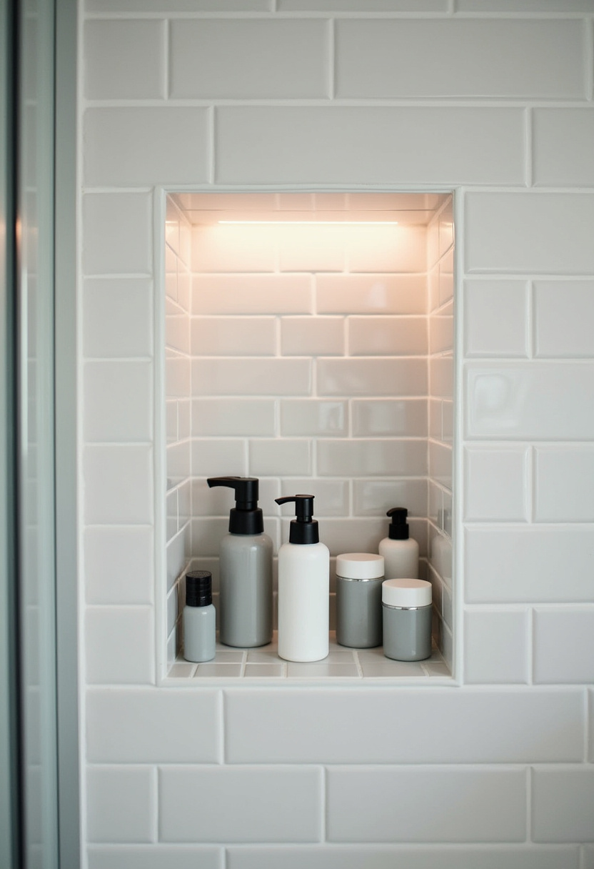 Illuminate your shower niche with white subway tiles and sleek gray and white bottles for a minimalist, organized bathroom look. Save this bright and functional design!
#ShowerNiche #MinimalistBathroom #SubwayTiles #BathroomStorage #CleanDesign