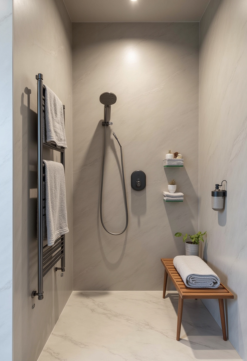 Create a calm, modern shower space with a sleek chrome showerhead, towel rack, and wooden bench. Gray walls and soft lighting complete the minimalist atmosphere. Pin this serene bathroom idea!
#ModernShower #MinimalistBathroom #ChromeFixtures #CalmSpace #BathroomDesign