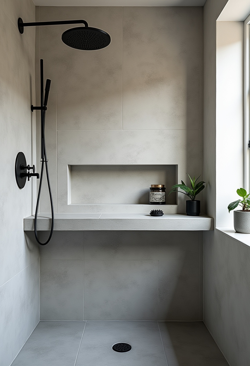 Brighten your bathroom with matte black shower fixtures, a recessed shelf with plants and candles, and soft gray tiles for a serene, minimalist space. Pin for peaceful bathroom inspiration!
#MinimalistBathroom #BlackFixtures #BathroomPlants #SereneSpace #ModernBathroom