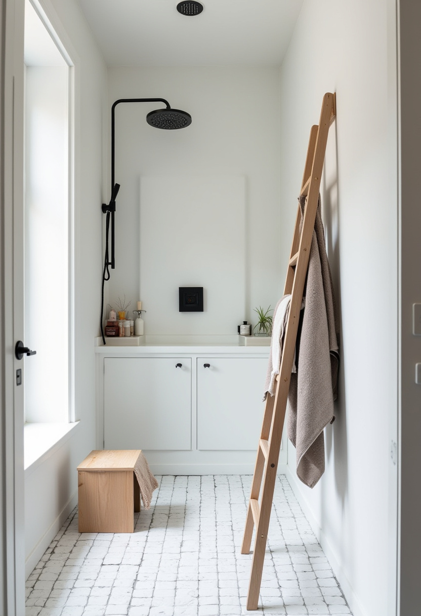 A wooden ladder holding towels, a modern black shower, white cabinets, and tiled floors create a bright and serene minimalist bathroom perfect for calm mornings. Save this clean design!
#MinimalistBathroom #BathroomLadder #BrightBathroom #TiledFloor #CalmSpace