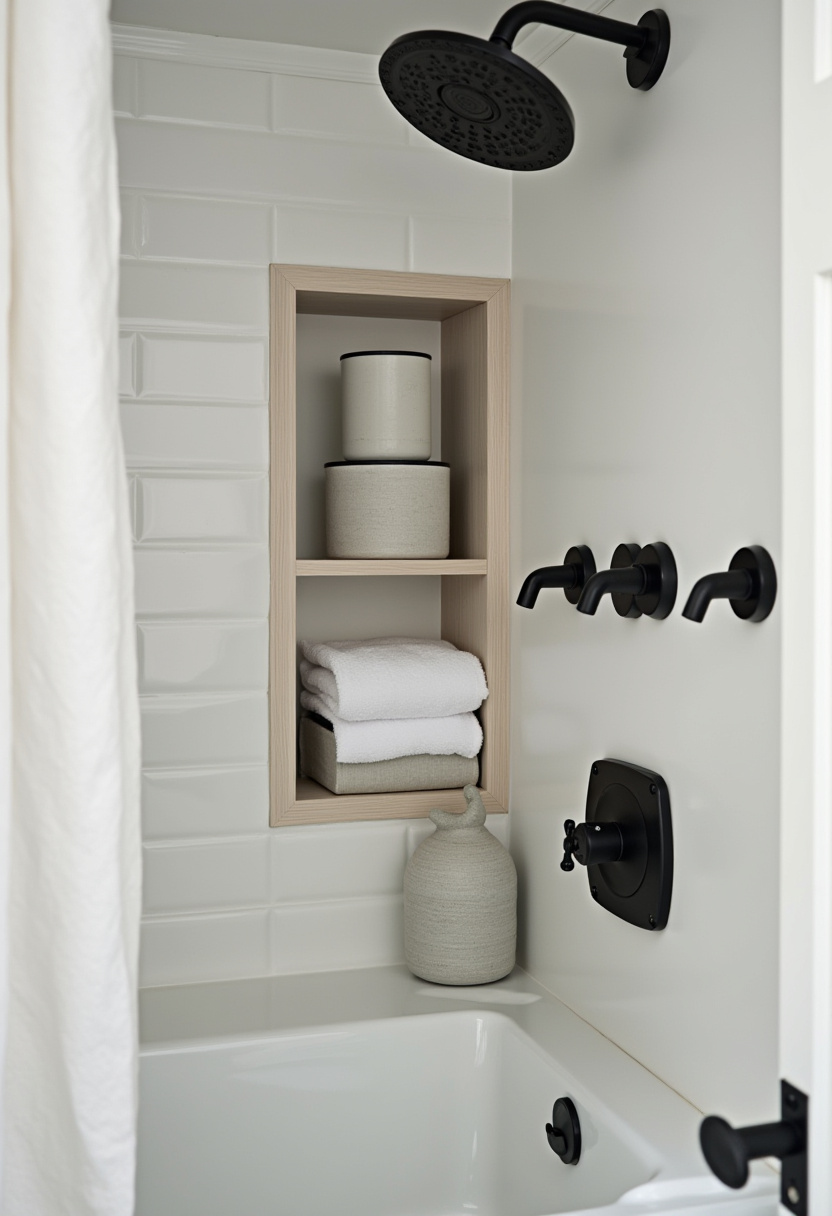 Modern bathrooms shine with white subway tiles, black fixtures, and recessed shelves holding stacked towels and jars. A black showerhead completes this clean, sophisticated design. Save this timeless bathroom idea!
#ModernBathroom #SubwayTiles #BlackFixtures #BathroomStorage #CleanDesign