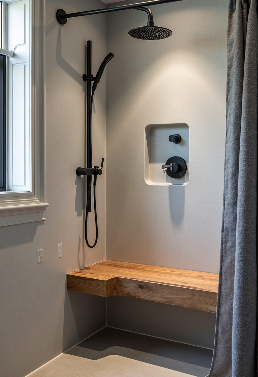 Enjoy luxury with a minimalist shower featuring a black rain shower head, matching hand sprayer, and a built-in wooden bench. Soft lighting enhances the calm atmosphere for a spa-like retreat at home. Pin this serene shower design!
#MinimalistShower #RainShowerHead #SpaBathroom #CalmAmbiance #ModernBathroom