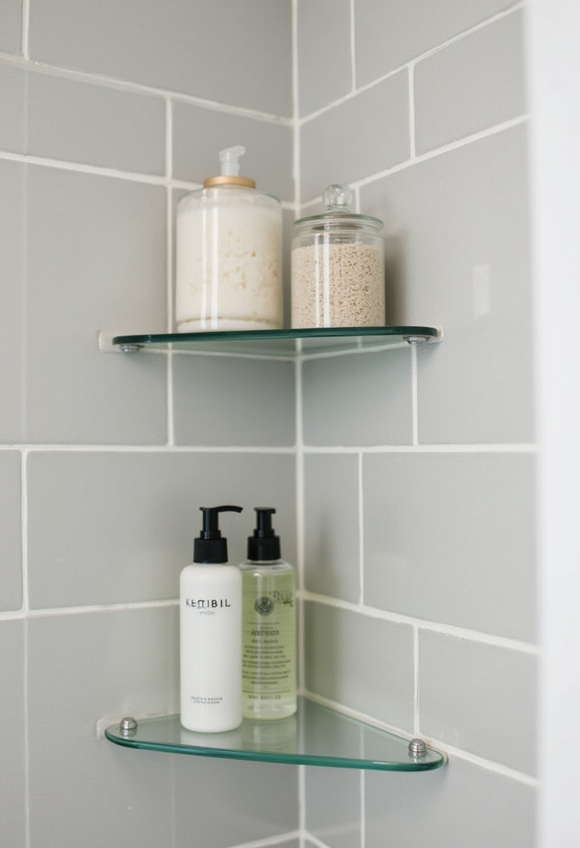 Elevate your bathroom corner with two glass shelves holding spa-inspired bath salts and lotions. The gray tile wall adds a soothing, minimalist feel that brings tranquility to your space. Save this relaxing bathroom storage idea!
#BathroomShelves #SpaBathroom #MinimalistDecor #GrayTiles #CalmingBathroom