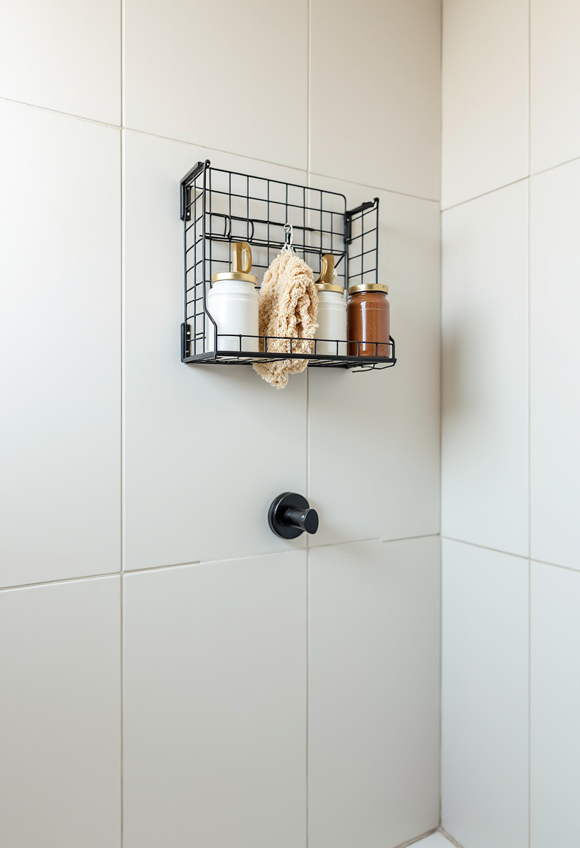 Organize your bathroom stylishly with a black wire shelf holding white dispensers, jars, and a loofah sponge. This minimalist setup adds both order and charm to your space. Pin for easy bathroom storage solutions!
#BathroomStorage #MinimalistBathroom #OrganizedSpace #WireShelf #BathroomDecor