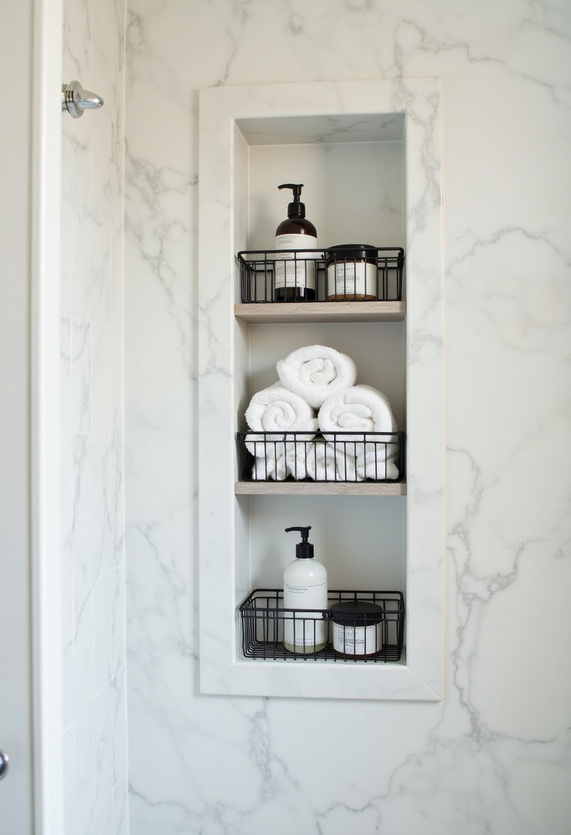 A built-in marble shelf with black wire baskets, rolled towels, and soap offers clean, minimalist bathroom storage that’s both practical and elegant. Save this sleek bathroom organization idea!
#MarbleShelf #MinimalistBathroom #BathroomOrganization #RolledTowels #CleanDesign