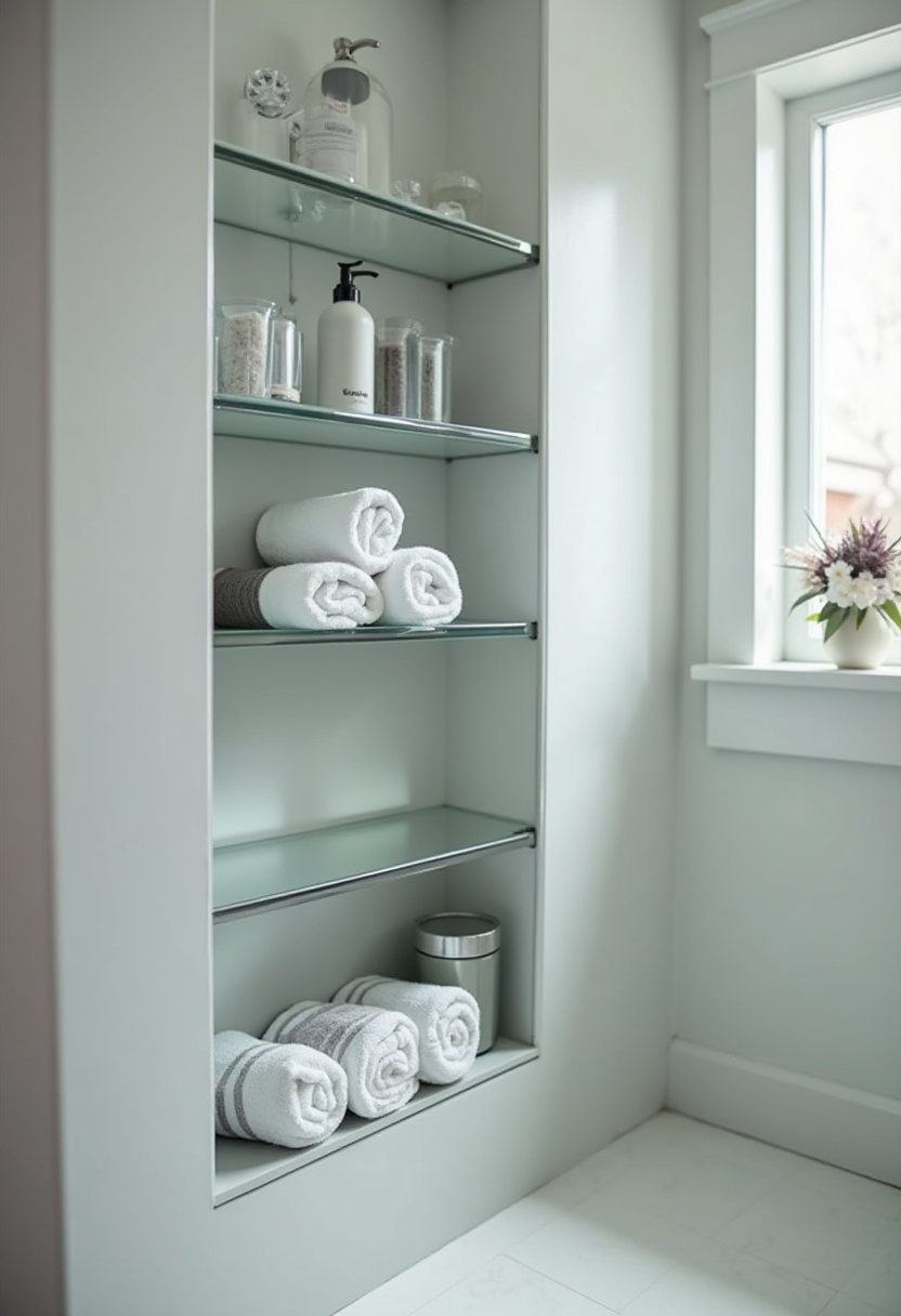 Minimalist bathroom shelves with rolled white towels, glass jars, a soap dispenser, and a potted plant by a window bring tranquility and freshness to your daily routine. Save this calming bathroom style!
#MinimalistBathroom #BathroomShelves #RolledTowels #PottedPlants #TranquilBathroom
