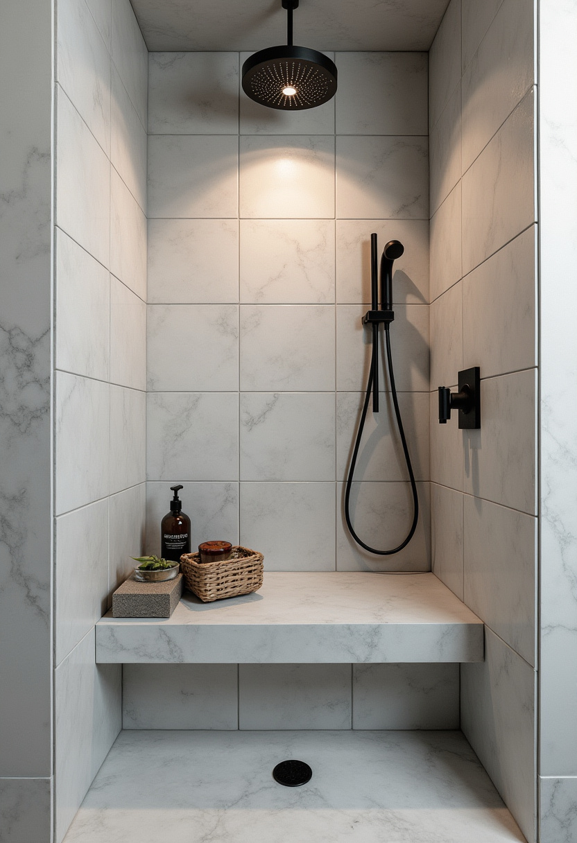 Step into an elegant shower area with white marble tiles, black fixtures, and warm lighting that highlights a neat basket on a shelf. This modern space balances style and comfort beautifully. Pin for modern bathroom ideas!
#ElegantBathroom #MarbleTiles #BlackFixtures #ShowerDesign #WarmLighting