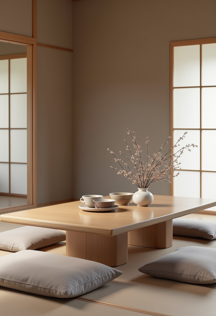 Experience tranquility with this minimalist Japanese tea room, featuring a low wooden table, delicate white teacups, and soft cushions for ultimate comfort. The cherry blossom vase adds a natural touch to this serene space—ideal for fans of Japanese interior design, Zen decor, and calming home retreats. ✨ Ready to create your peaceful sanctuary? Save this pin for your next mindful makeover!
#JapaneseTeaRoom #MinimalistDecor #ZenHome #CalmSpaces #JapaneseInteriorDesign #SereneLiving #MindfulHome #HomeDecorIdeas