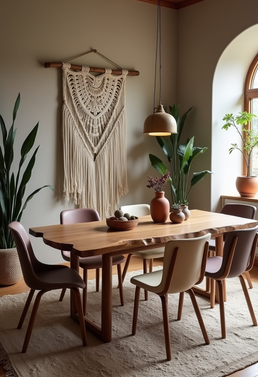 Create a cozy dining room oasis with a wooden table, six comfortable chairs, and charming macramé wall hanging that adds texture and warmth. Muted lighting and potted plants enhance the natural tones, perfect for lovers of boho decor, rustic dining rooms, and warm, inviting interiors. ✨ Want to bring this welcoming vibe to your home? Pin it now for easy inspiration!
#CozyDiningRoom #BohoDecor #RusticInteriors #WarmHomeVibes #NaturalTones #DiningRoomInspo #HomeDecorIdeas #BohemianStyle