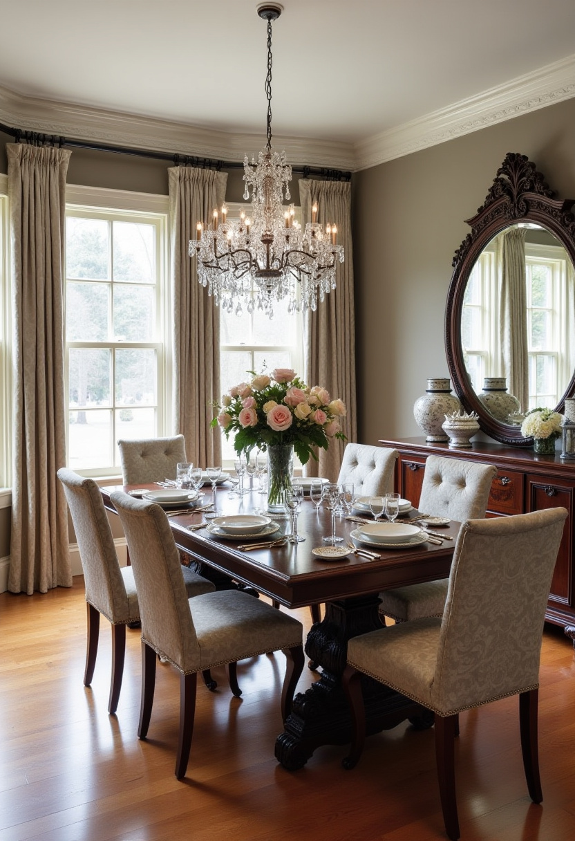 Transform your space with this elegant dining room featuring a dark wood table set for six, cream upholstered chairs, and a sparkling crystal chandelier. The large mirror and floral centerpiece add timeless sophistication, perfect for lovers of classic home decor, luxury interiors, and refined dining spaces. ✨ Ready to elevate your dining room? Pin this stylish inspiration now!
#ElegantDiningRoom #ClassicHomeDecor #LuxuryInteriors #DiningRoomInspo #SophisticatedSpaces #CrystalChandelier #HomeDecorIdeas #TimelessStyle