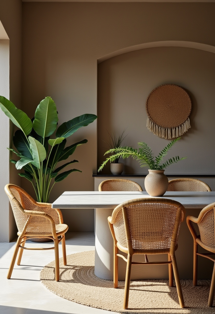 Create a serene dining area with rattan chairs paired perfectly with a crisp white table, complemented by a large potted plant and earthy wall decor. This natural, cozy ambiance is ideal for lovers of boho chic, coastal style, and eco-friendly interiors. ✨ Ready to bring warmth and calm to your home? Pin this beautiful inspiration now!
#BohoDiningRoom #NaturalHomeDecor #RattanFurniture #CoastalStyle #CozyInteriors #EarthyDecor #HomeDecorInspo #SereneSpaces