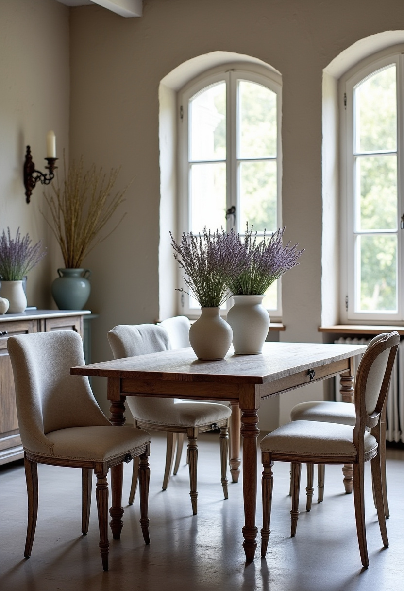 Transform your dining space into a cozy retreat with a wooden table and plush white chairs, beautifully accented by vases of lavender. Soft light streaming through arched windows enhances the serene, calming atmosphere—perfect for lovers of farmhouse style, rustic decor, and peaceful interiors. ✨ Inspired to create your own cozy haven? Save this pin for your next home update!
#CozyDiningRoom #FarmhouseStyle #RusticDecor #LavenderDecor #SereneInteriors #SoftLighting #DiningRoomInspo #HomeDecorIdeas