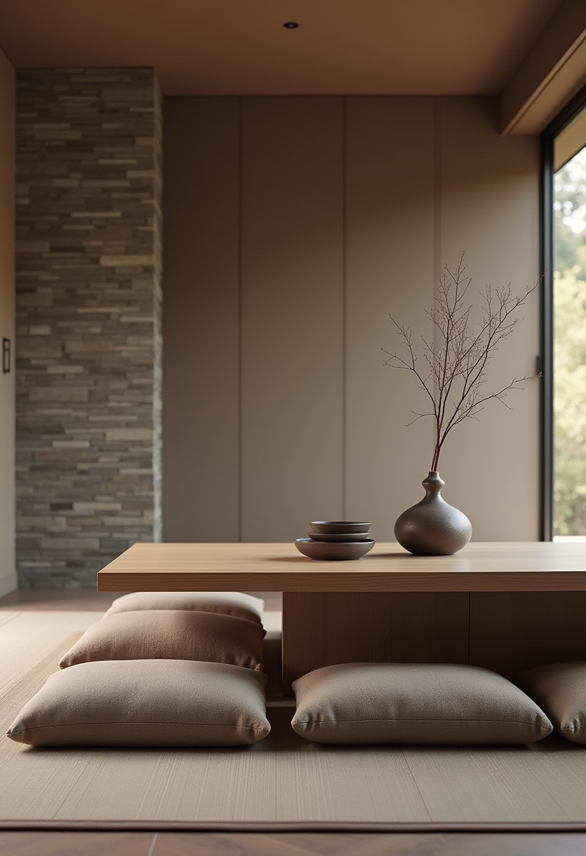 Discover the beauty of simplicity in this minimalist room featuring a low wooden table, soft beige cushions, and a gray vase with natural branches. The stone accent wall and large window invite calmness, perfect for fans of Zen interiors, natural decor, and peaceful living spaces. ✨ Ready to create your own serene sanctuary? Pin this peaceful design now!
#MinimalistRoom #ZenDecor #NaturalInteriors #StoneAccentWall #SereneSpaces #CalmLiving #HomeDecorInspo #PeacefulInteriors