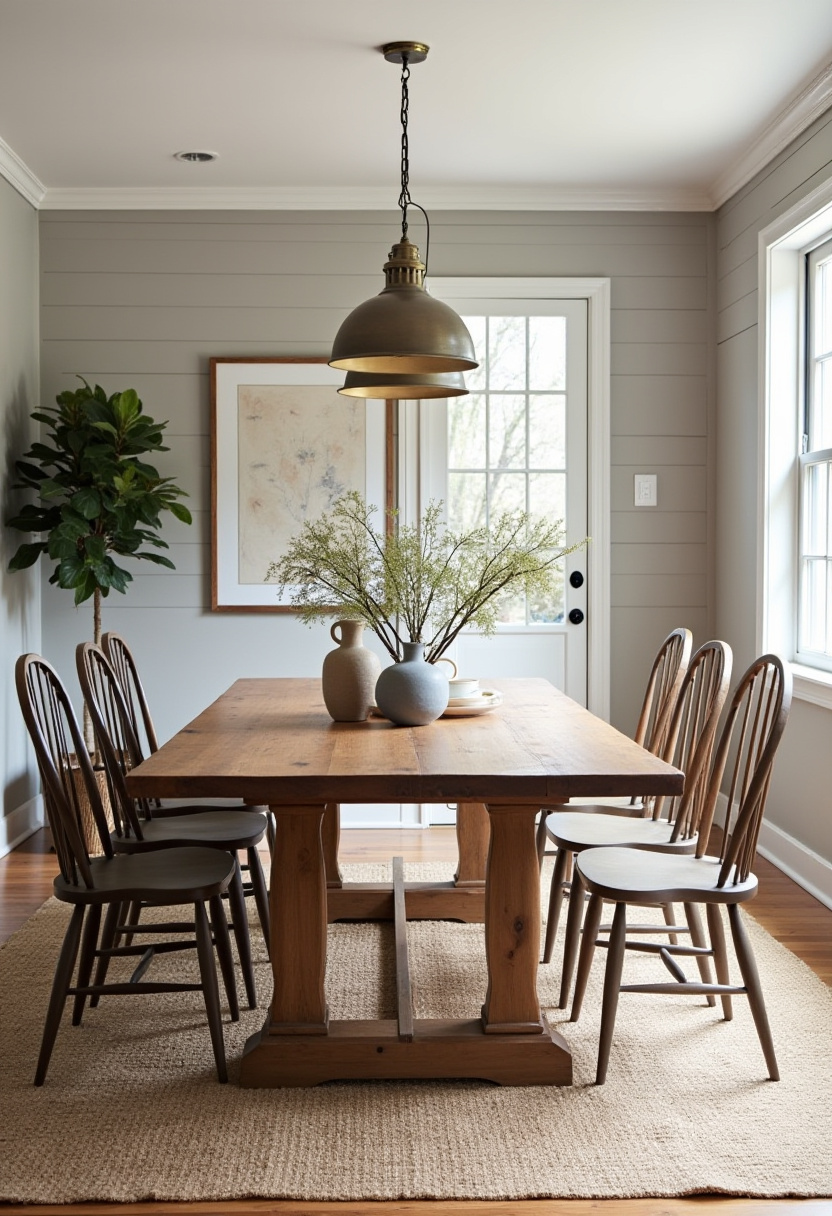 Create a cozy and inviting dining room with a warm wooden table surrounded by six brown chairs, perfectly accented by a large vase filled with fresh greenery. The woven pendant light adds a touch of natural texture, ideal for lovers of rustic decor, boho style, and warm interiors. ✨ Ready to cozy up your dining space? Save this pin for your next home inspiration!
#CozyDiningRoom #RusticDecor #BohoStyle #WoodenDiningTable #NaturalLighting #WarmInteriors #HomeDecorInspo #DiningRoomGoals
