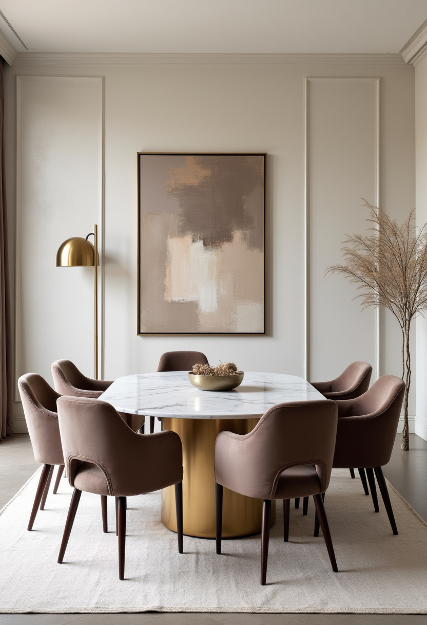 Elevate your space with this modern dining room featuring a stunning marble table, six rich brown chairs, and a soft beige rug for added warmth. A gold floor lamp and abstract art complete the look, creating a sophisticated yet inviting ambiance—ideal for fans of modern luxury decor, elegant dining spaces, and neutral tones with bold accents. Pin this elegant setup to inspire your next dining room makeover!
#ModernDiningRoom #MarbleDiningTable #ElegantInteriors #BrownChairs #GoldFloorLamp #AbstractArtDecor #NeutralHomeStyle #PinterestHomeIdeas #SophisticatedDiningSpace